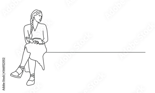 Line drawing vector illustration of sitting girl with a book.