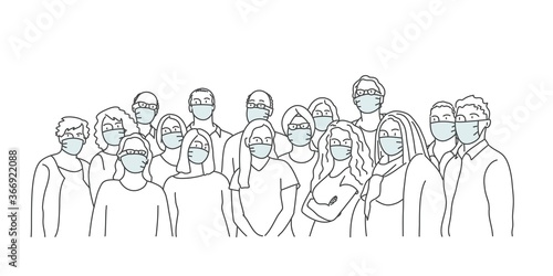 Line drawing vector illustration. Crowd of people wearing protective masks.