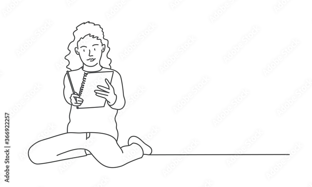 Girl with sketchbook and pencil. Line drawing vector illustration.