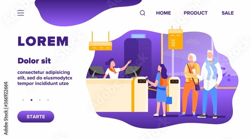 Group of passengers standing in queue to counter vector illustration. Departures board and airline transportation concept. Travelers waiting in line for plane