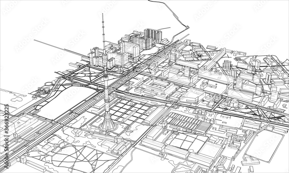 Outline city concept. Wire-frame style