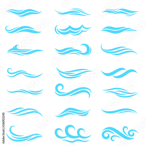 
Silhouette of stylized vector blue waves isolate on white. Wave ocean and water curve splash and ripple illustration.