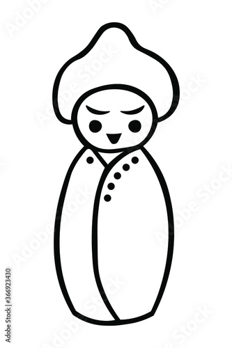 Single black and white Japanese kokeshi doll in ink Isolated on white background. Hand drawn vector decorative element in doodle style for decoration, postcard, flyer, banner, stickers or website