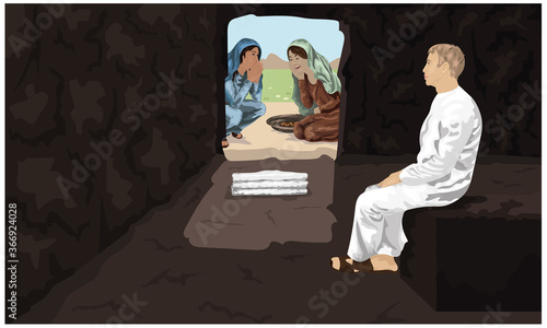 Easter Story - Two Women See A Young Man Clothed In White Robes, An Angel, Sitting On The Right Side Of Jesus' Tomb