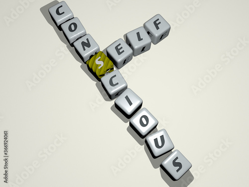 crosswords of self conscious arranged by cubic letters on a mirror floor, concept meaning and presentation. illustration and background