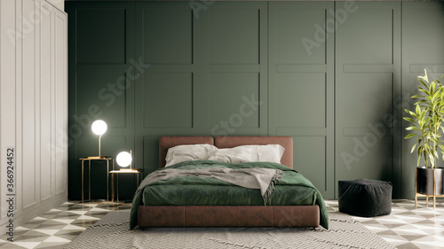Modern Vintage interior of green bedroom with double bed, 3D rendering background
 photo