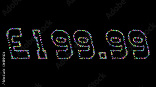 £199.: 3D illustration of the text made of small objects over a black background with shadows