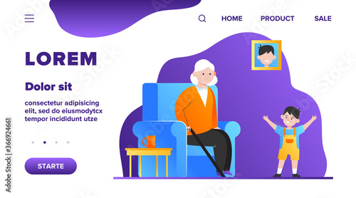 Grandma sitting in armchair and little grandson smiling. Kid, boy, generation flat vector illustration. Family and parenting concept for banner, website design or landing web page