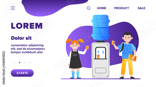 Happy children drinking water at cooler. Students, boy and girl, school hallway flat vector illustration. Beverage, refreshment, watercooler concept for banner, website design or landing web page