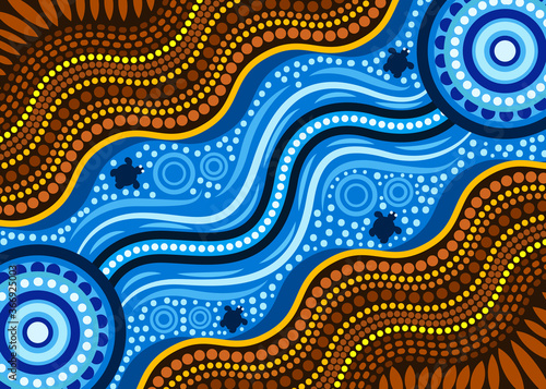 Aboriginal dot art vector background depicting river