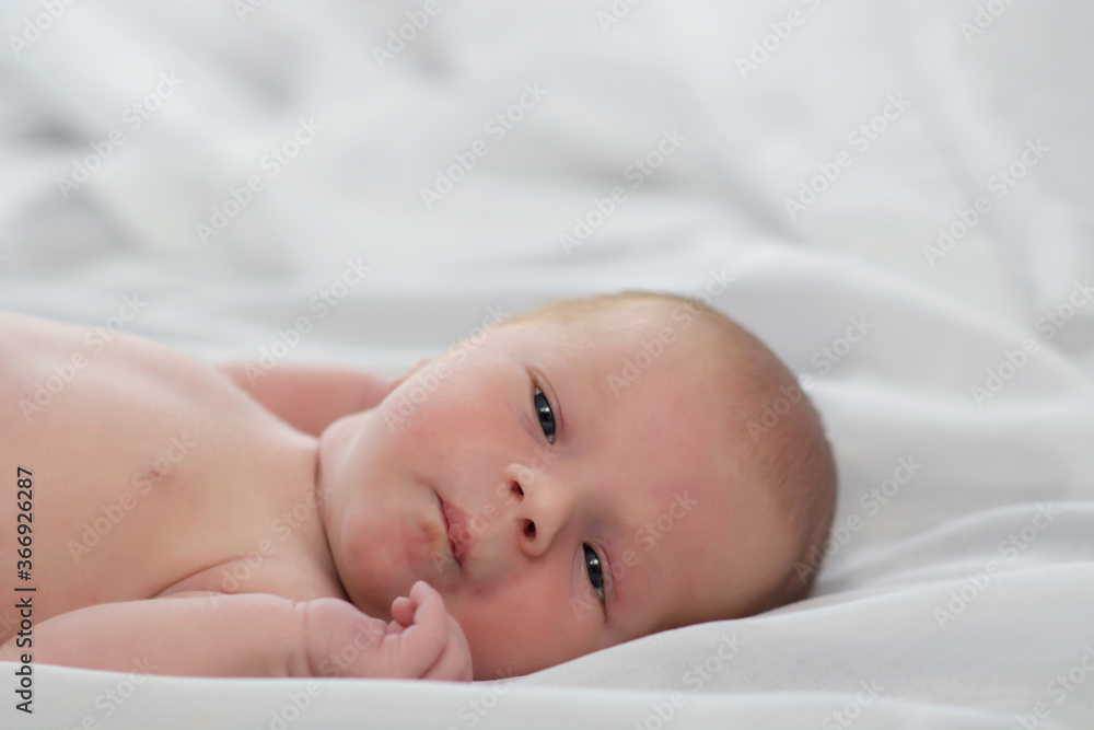 Portrait of a cute newborn baby looking into the camera. Little boy 7 days, one week. The baby lies on a white silk blanket. Copyspace Portrait of a cute newborn baby looking into the camera. Little boy 7 days, one week. The baby lies on a white silk blanket. Copyspace