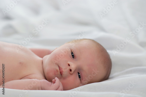 Portrait of a cute newborn baby looking into the camera. Little boy 7 days, one week. The baby lies on a white silk blanket. Copyspace