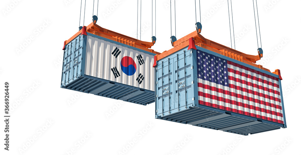 Freight containers with USA and South Korea flag. 3D Rendering Freight containers with USA and South Korea flag. 3D Rendering