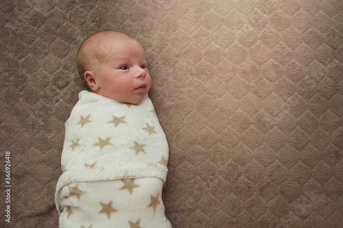 Portrait of a cute newborn little boy 7 days old, one week old. The child lies on the bed in a white wrap on a brown blanket. View from above. Copyspace