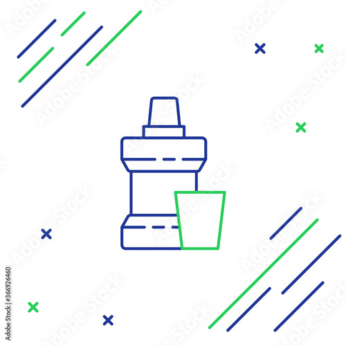 Line Mouthwash plastic bottle and glass icon isolated on white background. Liquid for rinsing mouth. Oralcare equipment. Colorful outline concept. Vector.