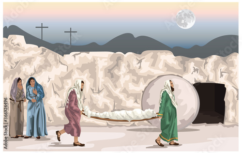 Easter Story - Joseph Of Arimathea and Nicodemus Carrying Jesus' Body To The Tomb Watched By Two Women Mourning Vector