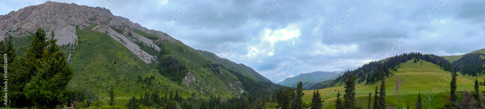 Panoramic landscape of green mountain valley with clouds. Adventure travel. Outdoor landscape. Summer vacation travel concept. Kazakhstan mountains, Tekes river valley. Tourism in Kazakhstan concept.