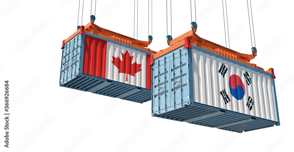 Freight containers with Canada and South Korea flag. 3D Rendering Freight containers with Canada and South Korea flag. 3D Rendering