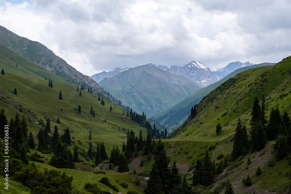 Obraz premium Green mountain valley with clouds. Adventure travel. Outdoor landscape. Summer vacation travel concept. Kazakhstan mountains, Tekes river valley. Tourism in Kazakhstan concept.