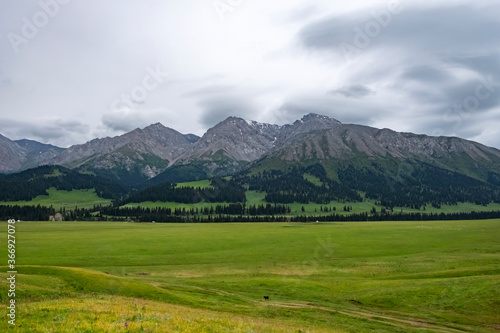 Green mountain valley with clouds. Adventure travel. Outdoor landscape. Summer vacation travel concept. Kazakhstan mountains, Tekes river valley. Tourism in Kazakhstan concept.