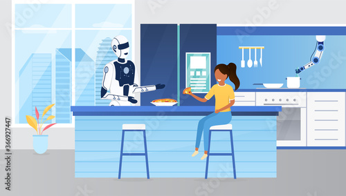 Robot assistant cooking in the kitchen for a girl. Futuristic kitchen in a smart home. Futuristic technology in everyday life concept. Artificial intelligence of child rearing Flat Vector Illustration
