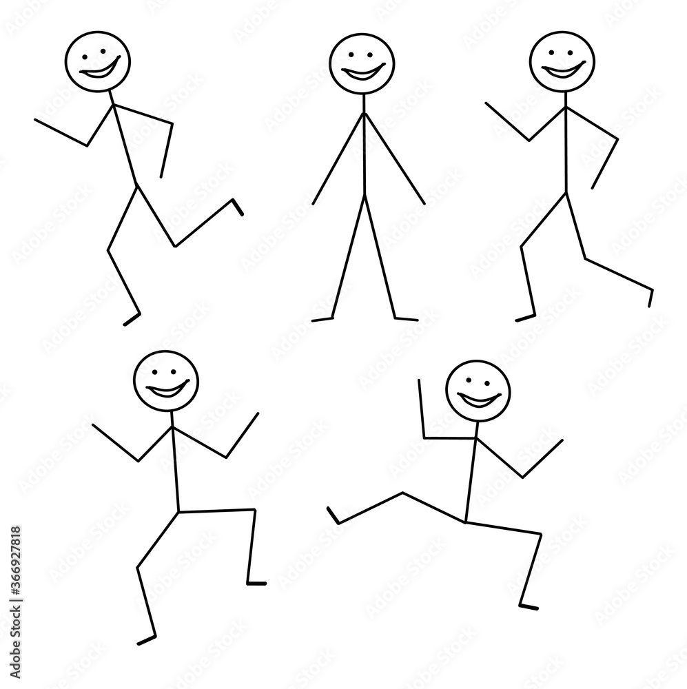 set of fun dancing men in different poses, happy stick man isolated on a white background set of fun dancing men in different poses, happy stick man isolated on a white background