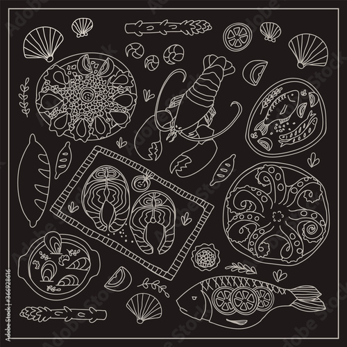 Sea food vector illustration. Set of fish for menu . Salmon steak, lobster, oyesters, fried fish, octopus, mussels.