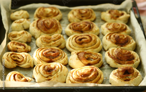 cinnamon fresh baked sweet bun rolls dessert on tray