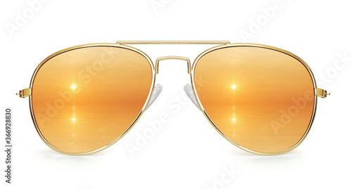 Sunset on the sea reflection in aviator sunglasses isolated