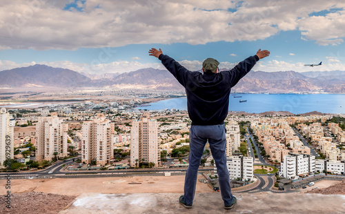 Aerial panoramic view on the Red Sea, Eilat (Israel) and Aqaba (Jordan) citie...
