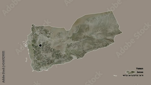 Hadramawt, governorate of Yemen, with its capital, localized, outlined and zoomed with informative overlays on a satellite map in the Stereographic projection. Animation 3D photo