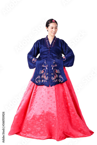 A beautiful Asian woman wearing hanbok is the national dress of Korea. White background. isolated. Clipping path