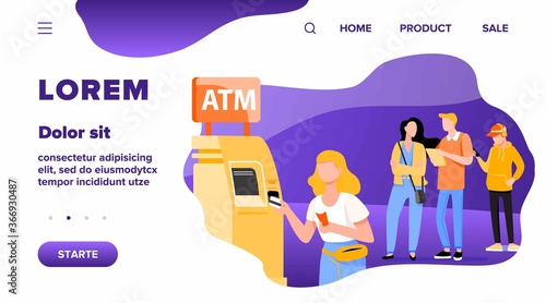 Queue of people standing for using ATM. Bank customer inserting credit card to slot for transaction. Vector illustration for business, banking, finance concept
