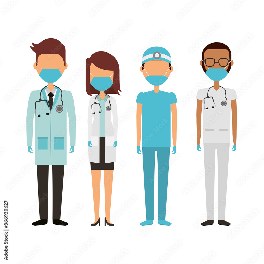 young doctors staff wearing medical masks characters