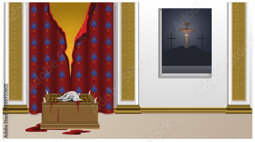 Sacrificial Lamb In Front Of Torn Veil In Temple At The Same Time As Jesus Christ Is Crucified On Cross Vector