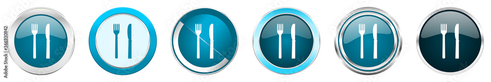 Eat silver metallic chrome border icons in 6 options, set of web blue round buttons isolated on white background Eat silver metallic chrome border icons in 6 options, set of web blue round buttons isolated on white background