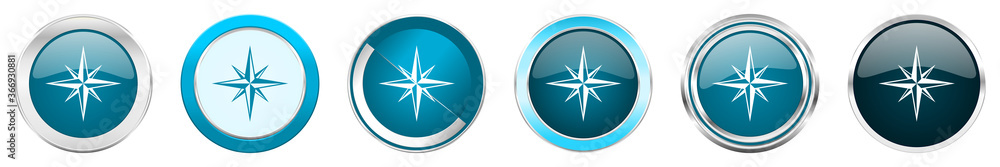 Compass silver metallic chrome border icons in 6 options, set of web blue round buttons isolated on white background Compass silver metallic chrome border icons in 6 options, set of web blue round buttons isolated on white background