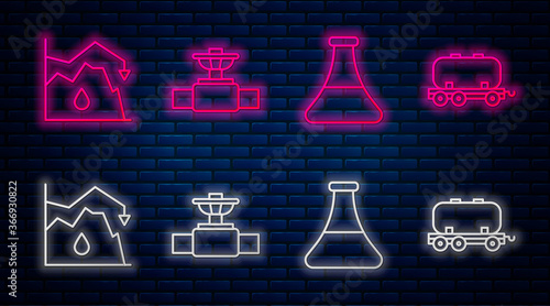 Set line Industry pipe and valve, Oil petrol test tube, Drop in crude oil price and Oil railway cistern. Glowing neon icon on brick wall. Vector.