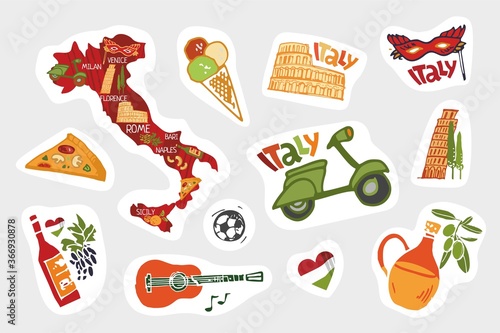 Big set of stickers about Italy. Colored architectural buildings and symbols hand-drawn on a white background for Souvenirs, children's books. Cute cartoon vector illustration