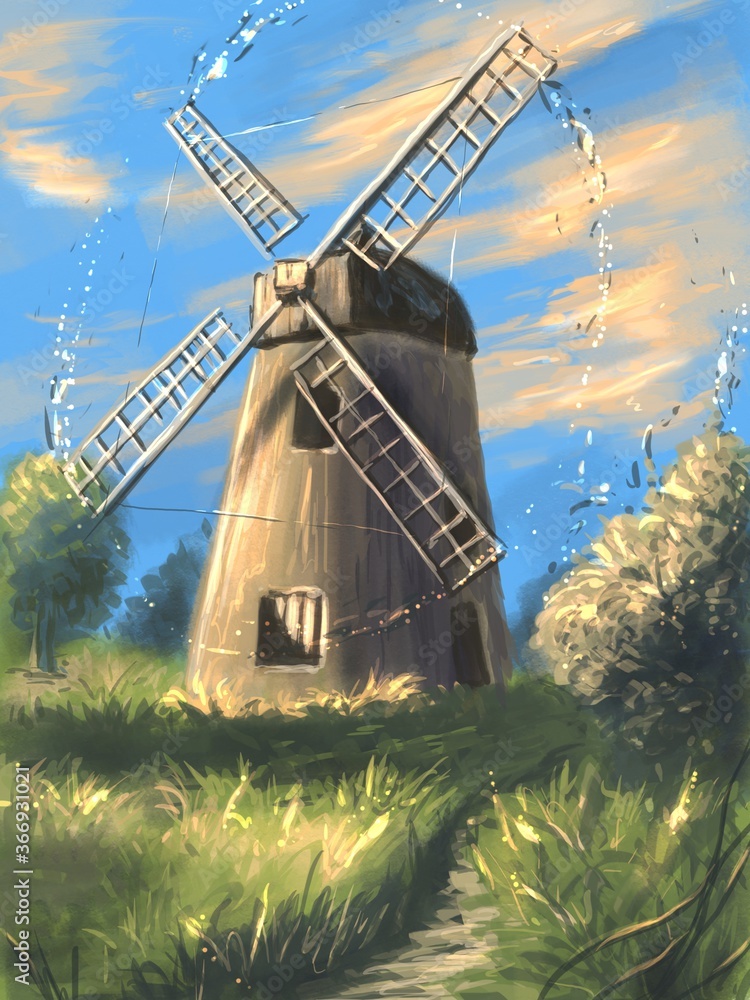 windmill in the sunny field