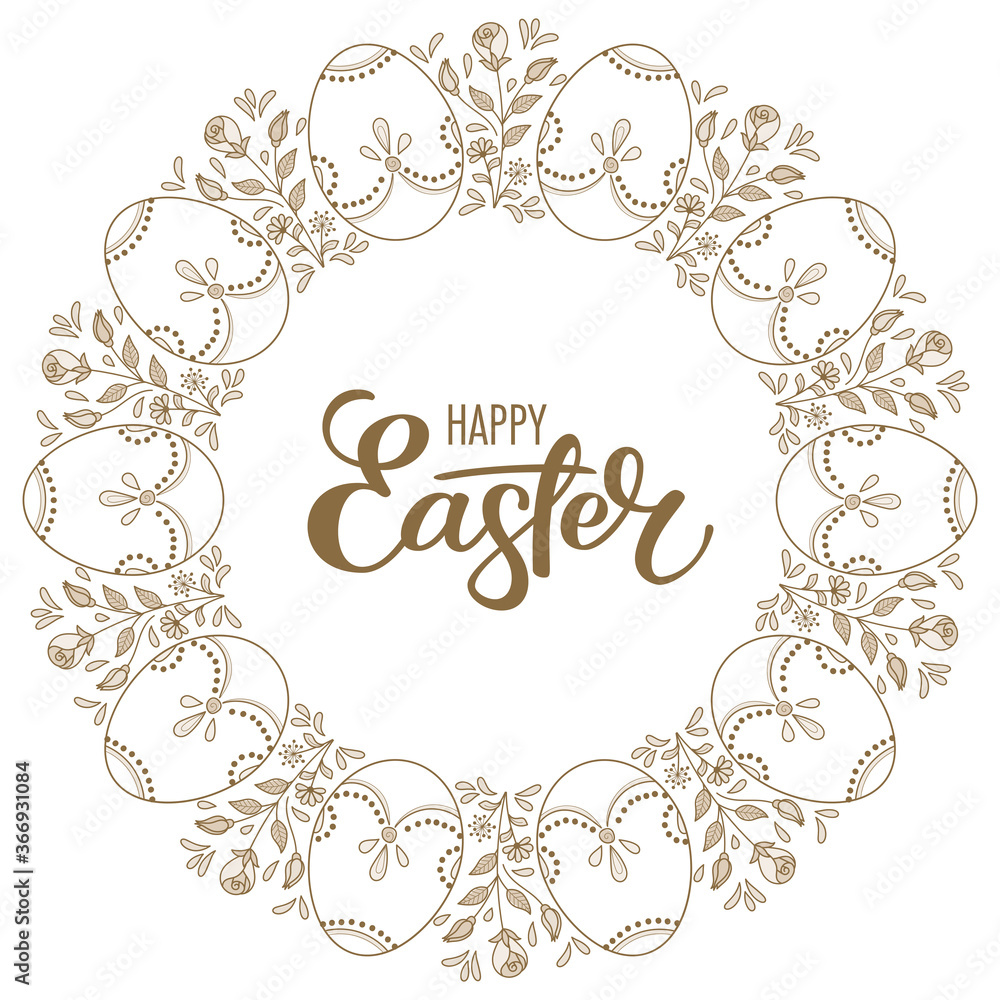 Wreath of hand drawn easter eggs and flowers on white background. Greeting card or invitation template