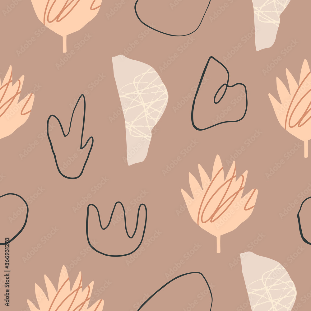 Aesthetic seamless pattern with plants and abstract shapes. Trendy graphic design for banner, poster, card, invitation, placard or textile