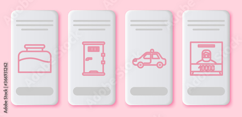 Set line Inkwell, Prison cell door, Police car and flasher and Wanted poster. White rectangle button. Vector.
