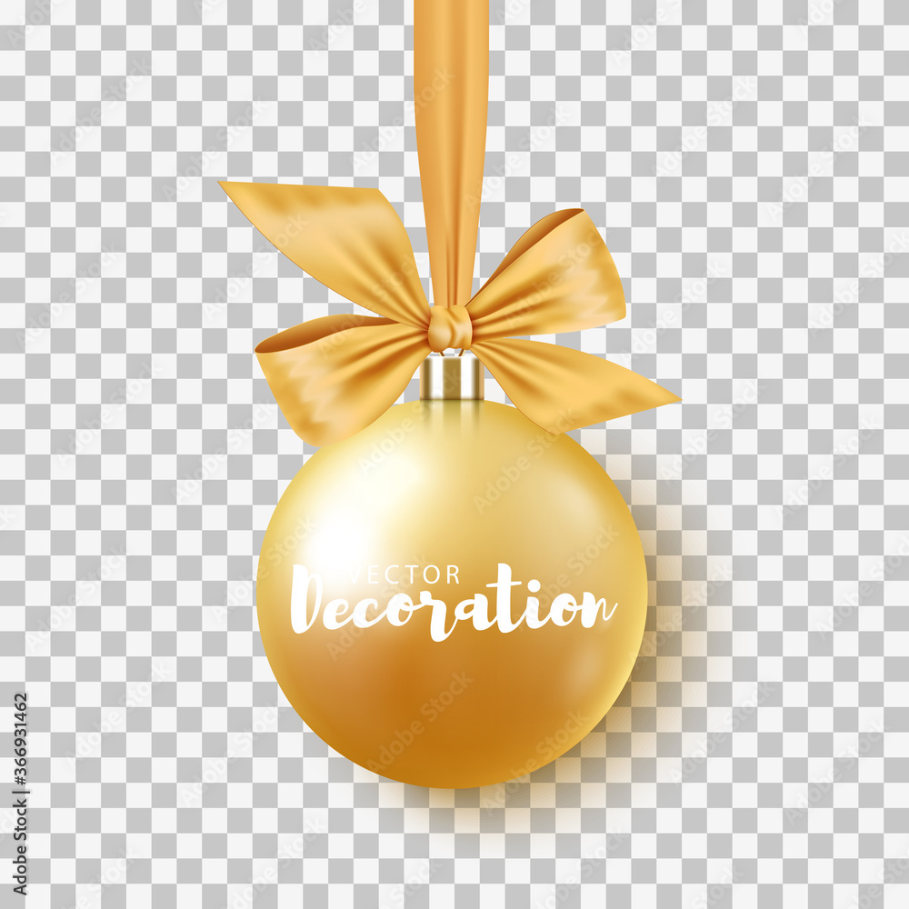 Gold Christmas bauble with ribbon and bow on transparent background.Vector illustration Gold Christmas bauble with ribbon and bow on transparent background.Vector illustration