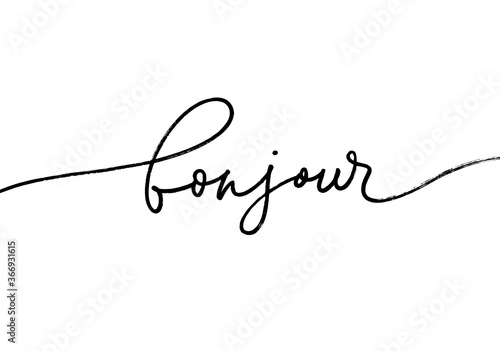 Bonjour ink brush pen vector lettering. Modern word handwritten vector calligraphy. Hello in French language. Hand drawn black text isolated on white background. Postcard, greeting card, t shirt print photo