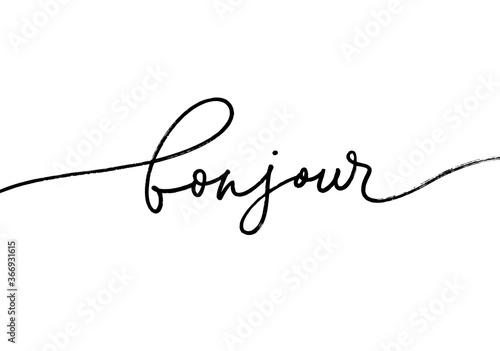 Bonjour ink brush pen vector lettering. Modern word handwritten vector calligraphy. Hello in French language. Hand drawn black text isolated on white background. Postcard, greeting card, t shirt print