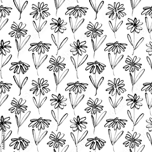 Brush flower vector seamless pattern. Hand drawn botanical ink illustration with floral motif. Chamomile or daisy painted by brush. Hand drawn black print for fabric  wrapping paper  wallpaper design