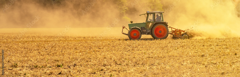 Fototapeta premium Sommer auf dem Land / Landwirtschaft Ernte Hintergrund Banner Panorama: Alter Traktor beim Fräsen von Stroh Getreide Gersten Weizen Feld, mit aufgewirbeltem Staub, im Schwarzwald, Deutschland