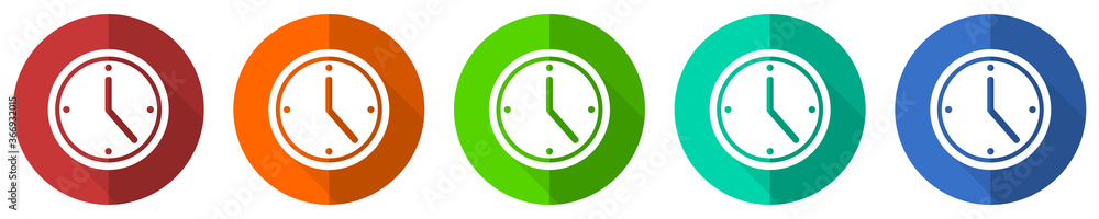 Time icon set, red, blue, green and orange flat design web buttons isolated on white background, vector illustration Time icon set, red, blue, green and orange flat design web buttons isolated on white background, vector illustration