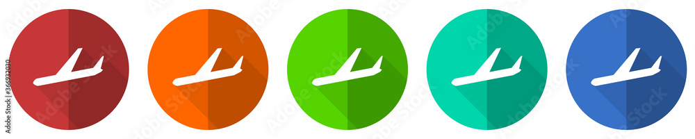 Arrivals icon set, flight, airplane, red, blue, green and orange flat design web buttons isolated on white background, vector illustration Arrivals icon set, flight, airplane, red, blue, green and orange flat design web buttons isolated on white background, vector illustration